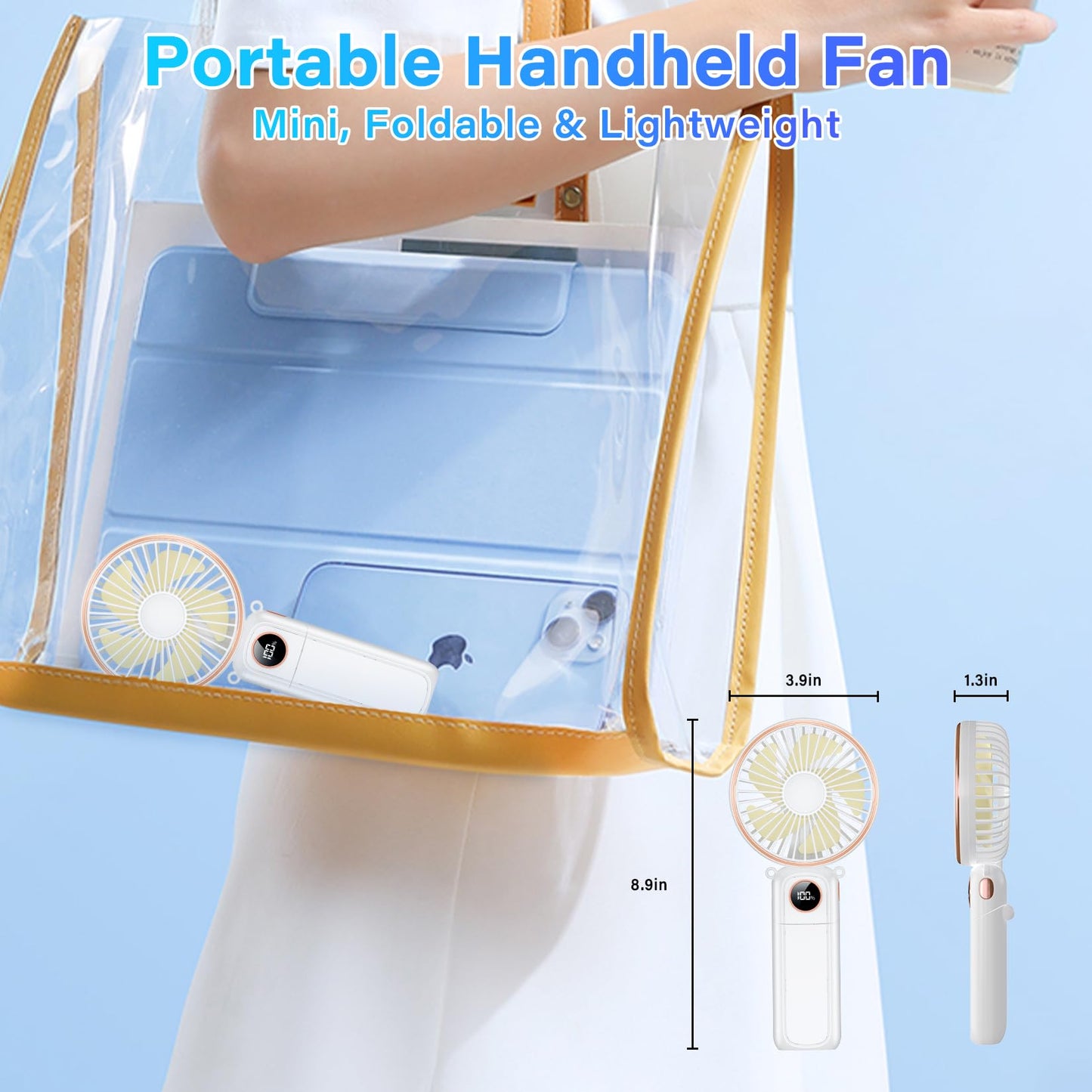 Portable Handheld Fan 5200mAh, USB Rechargeable Foldable Electric Personal Small Mini Hand Held Fan, 22Hrs Runtime, 6 Speeds, LED Display, Battery Powered, Gift for Men, Women, Travel, Outdoor, Makeup