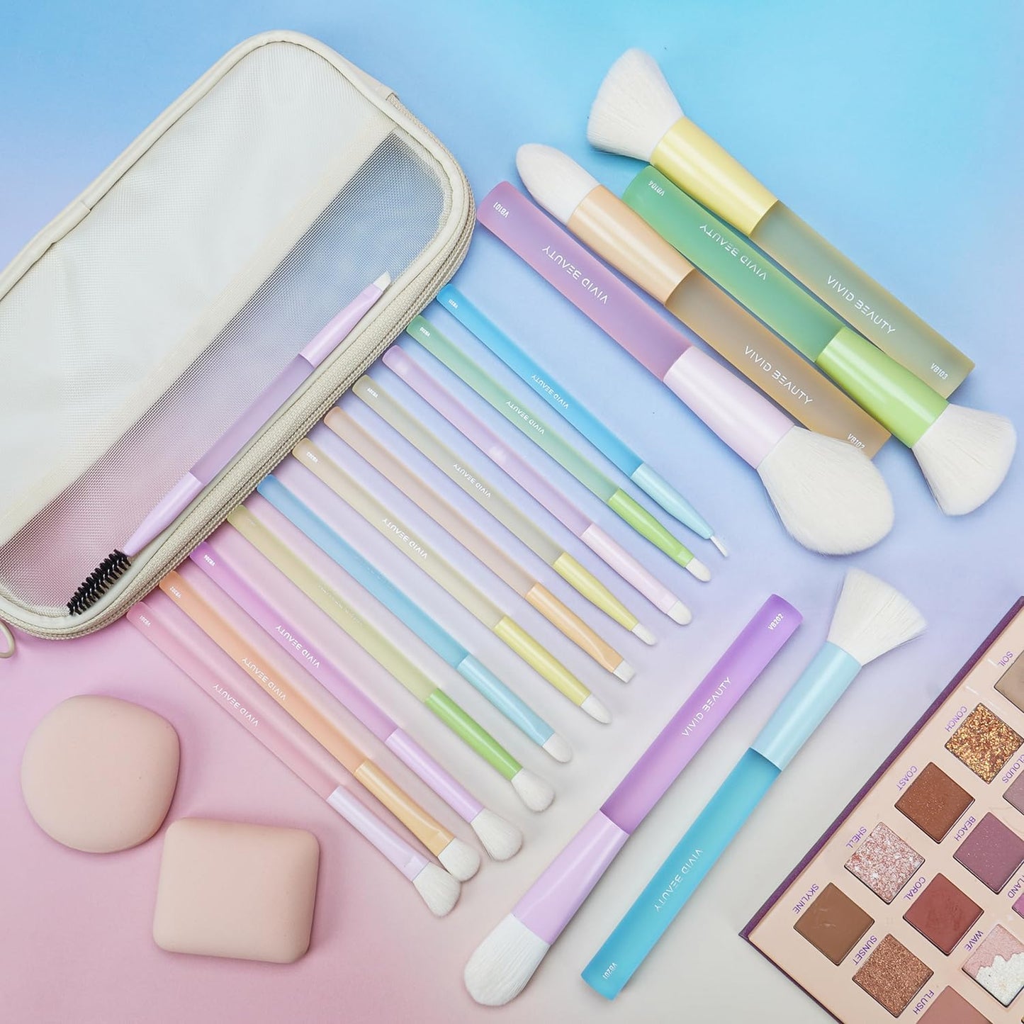 Makeup Brushes, 18Pcs Makeup Brush Set with 2 Sponges & Travel Bag, Colorful Make Up Brushes for Foundation Powder Blush Blending Eyeshadow, Soft Synthetic Fiber, Rubber Handle, Face & Eye Brush Kit