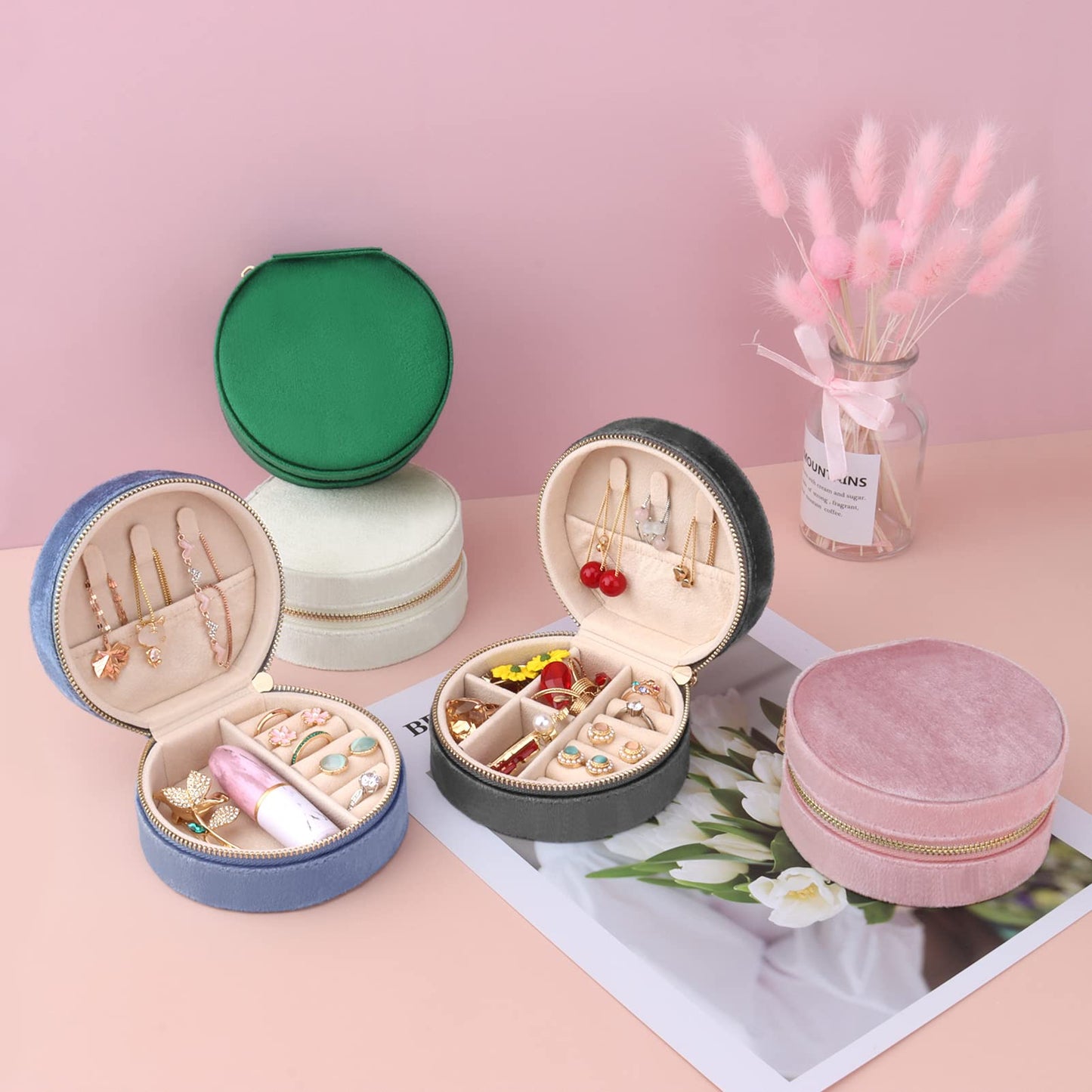 DesignSter Travel Jewelry Box - Velvet Mini Jewelry Organizer, Small Jewelry Case for Girls Women, Jewelry Storage Box for Rings Earrings Necklace (Circular, Lotus Pink)