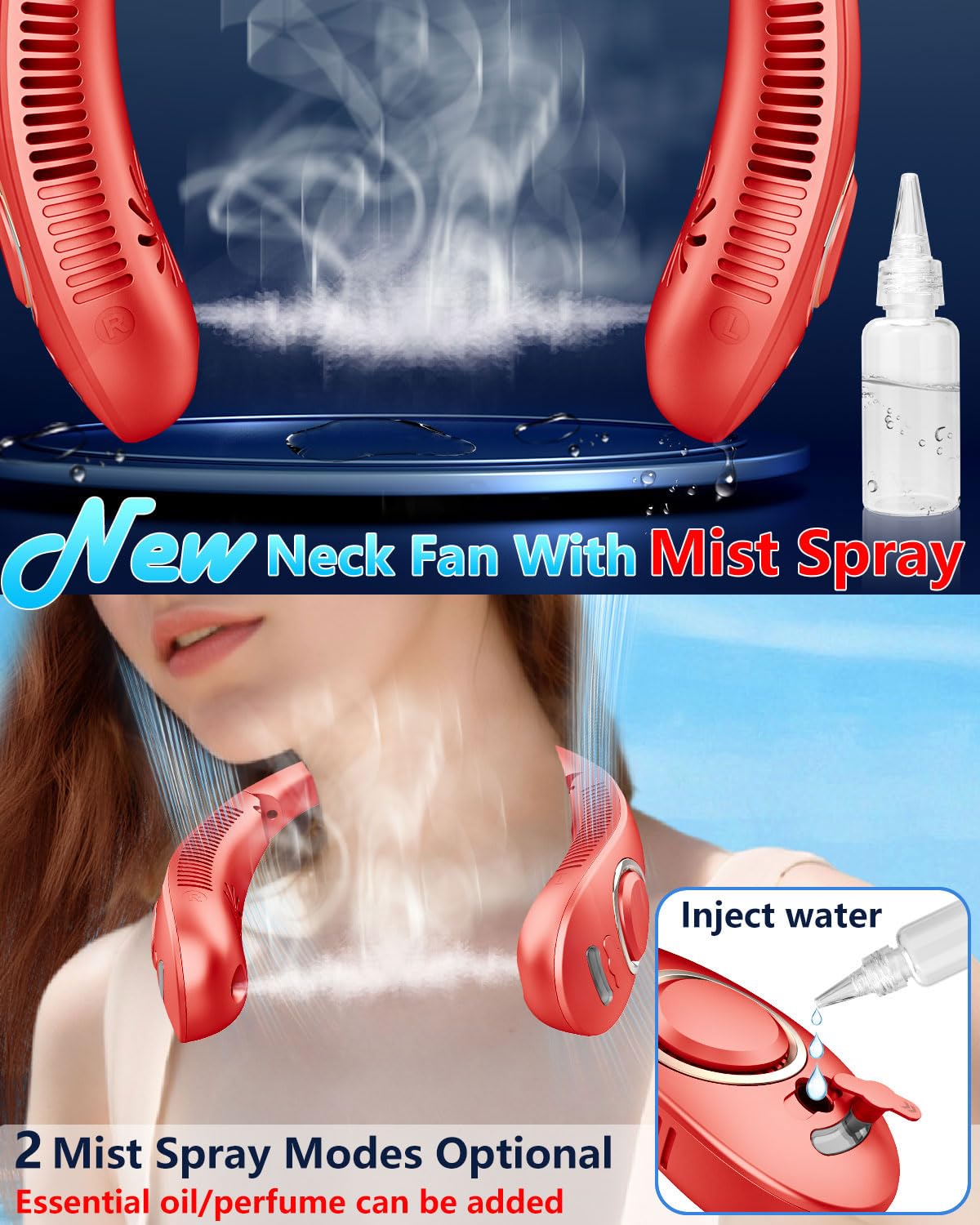 Portable Neck Fan with Mister,Hands Free Bladeless Neck Fan with LED Display&4 Fan Speeds, Neck AC Fan with Water Mist,Foldaway Face Fan with Mist Birthday Gifts for Women Men Adult Girl Boy Teen Red