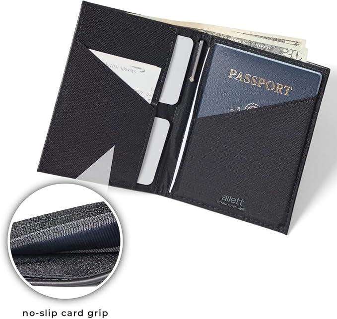 Allett Travel Wallet, Onyx Black | Leather, Thin Bifold, RFID Blocking, Minimalistic, Front Pocket | Holds Up To 10 Cards & Passport | For Men & Women