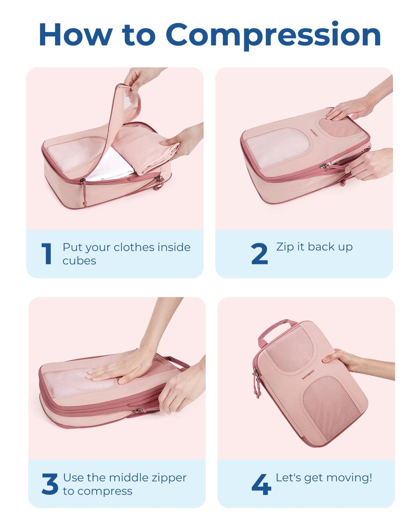 BAGSMART Compression Packing Cubes, 6 Set Packing Cubes for Suitcases, Lightweight Suitcases Organizers Bag Set & Compression Travel Cubes, Travel Essentials Packing Organizers Baby Pink