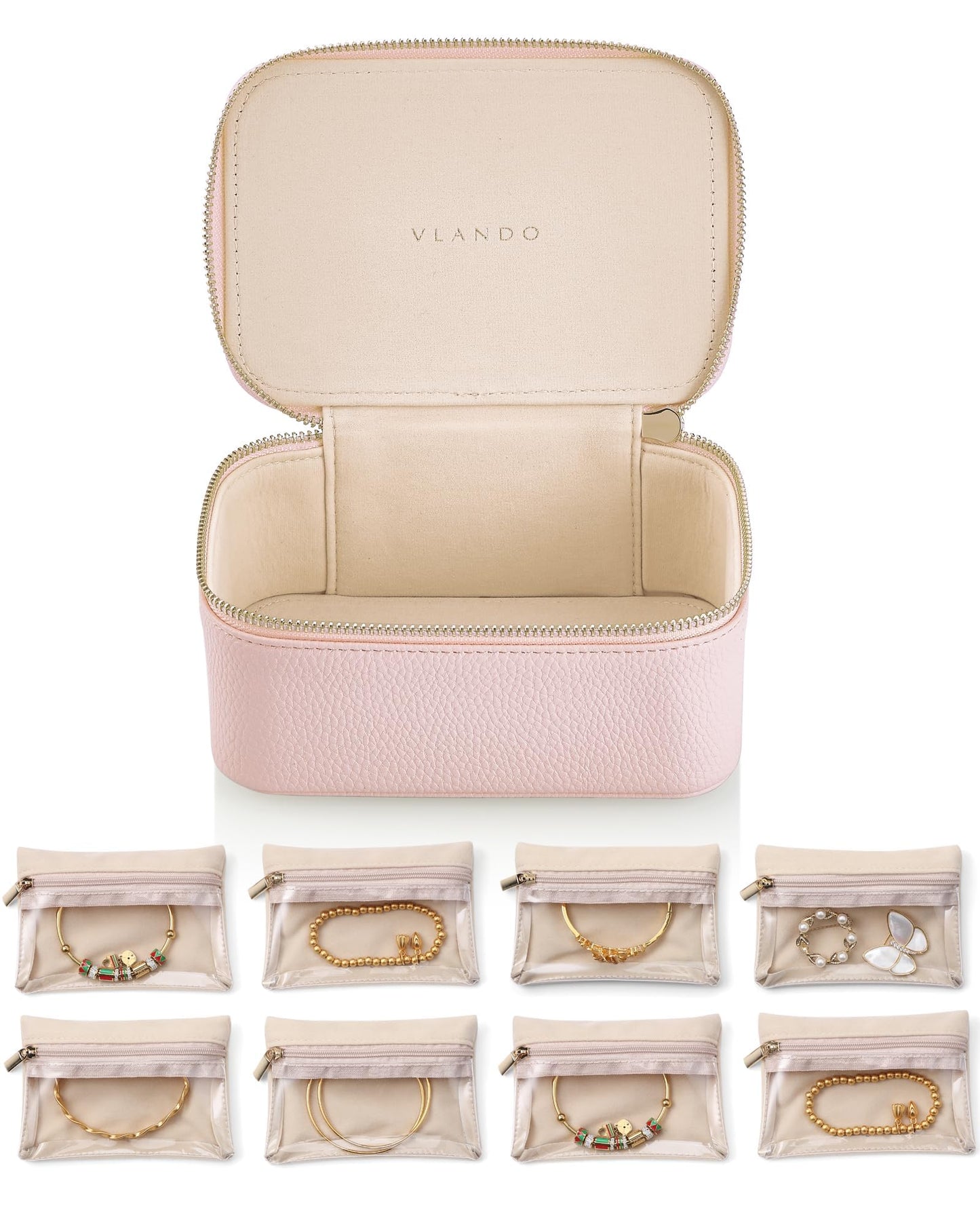 Vlando Travel Jewelry Organizer,Jewelry Box for Girls Women,Jewelry Case for 8 Pcs Velvet Jewelry Bags Storage for Necklace Rings Girls Women Valentines Gift Birthday Gifts-Pink
