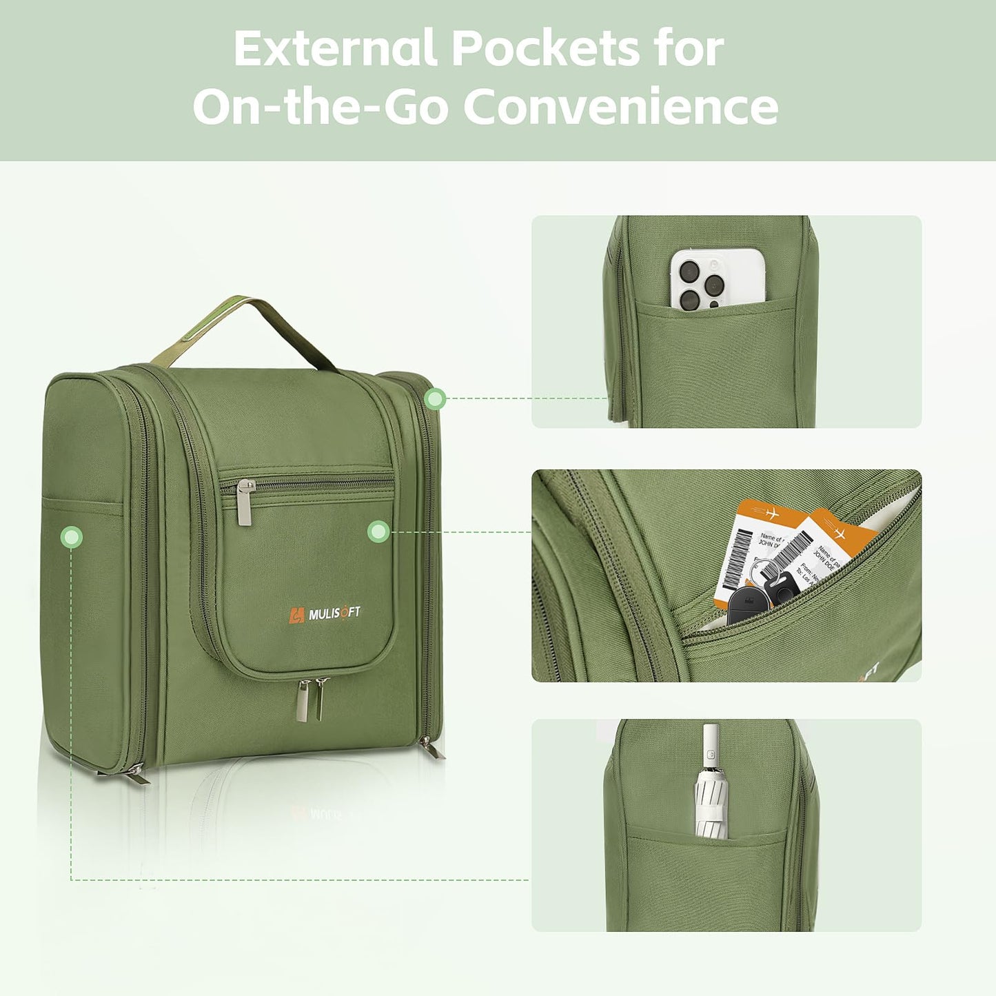 MULISOFT Travel Toiletry Bag for Women & Man, Extra Large Toiletry Bag, Portable Hanging Toiletries Bag, Water Resistant Dopp Kit for Toiletries, Cosmetics, Big Comparment Travel Makeup Bag, Green