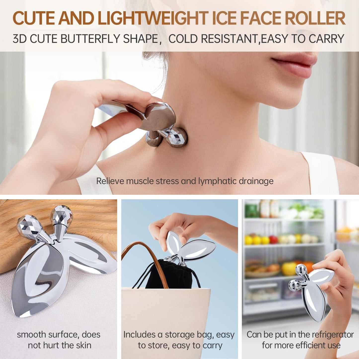 Stainless Steel Face Roller-3D Butterfly Facial Roller for Women,2-in-1 Gua Sha Facial Massager Tool for Skin Tightening,Body Gua Sha Massager Tool for Muscle Ache&Lymphatic Drainage,Decoration