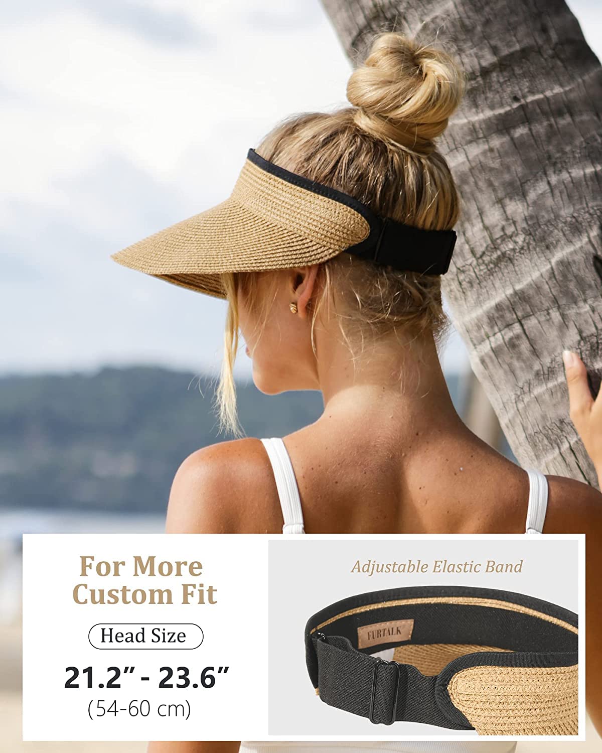 FURTALK Womens Sun Visor Hat Straw Sun Visors for Women Summer Packable Ponytail Beach Hats for Women Travel UPF 80+ Khaki