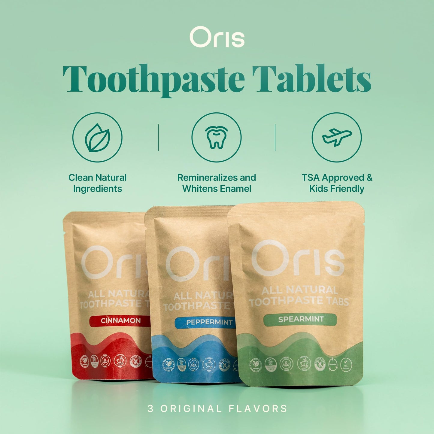 Oris Starter Bundle – 1 Month Supply: Natural Toothpaste Tablets | Fluoride-Free, Travel-Friendly, Kid-Safe with Enamel-Strengthening Nanohydroxyapatite (62 Count (Pack of 1), Peppermint)