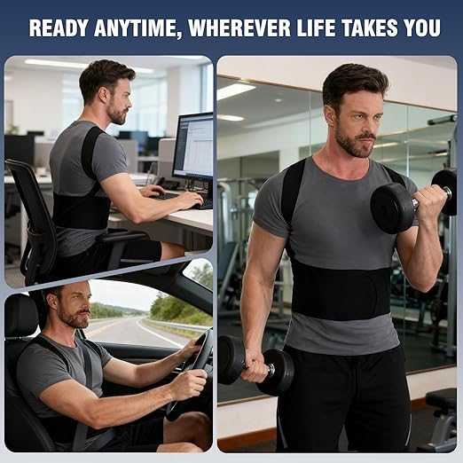 Back Brace Support Posture Corrector for Men – Full Back Support for Upper, Mid & Lower Back Pain Relief, Ergonomic 3-in-1 System Improves Posture & Helps with Slouching, Rounded Shoulders (1, Large)