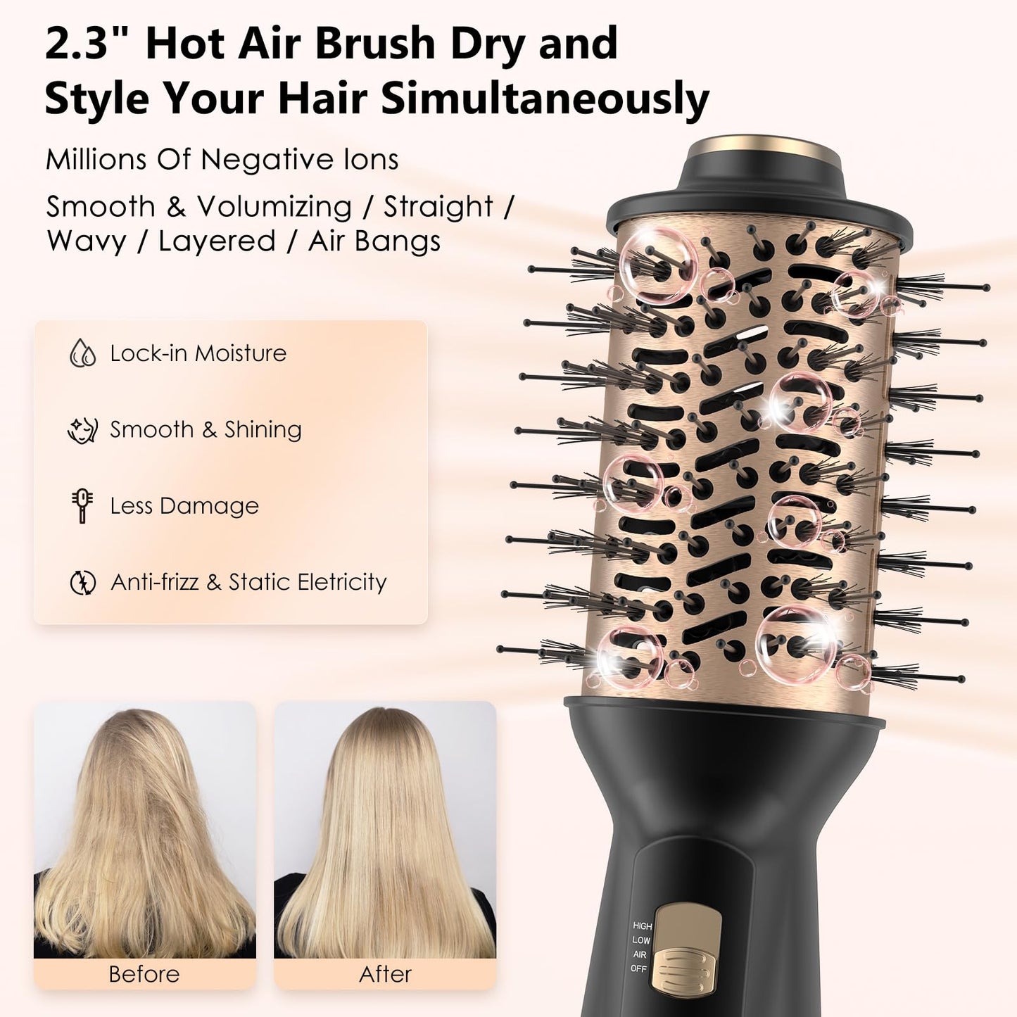 4-in-1 Dual Voltage Hair Dryer Brush, Mini Auto Blow Dryer Brush for European Travel(100-240V), 2 Inch Hot Air One Step Hair Dryer and Styler for Volumizer/Straightener/Curler with EU&UK Plug