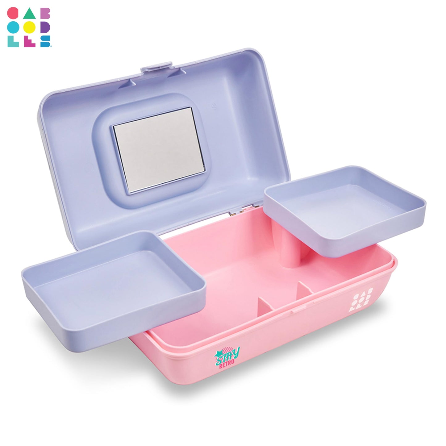 Caboodles Pretty in Petite Makeup Box, Two-Tone Periwinkle on Pink, Hard Plastic Organizer Box, 2 Swivel Trays, Fashion Mirror, Secure Latch for Safe Travel