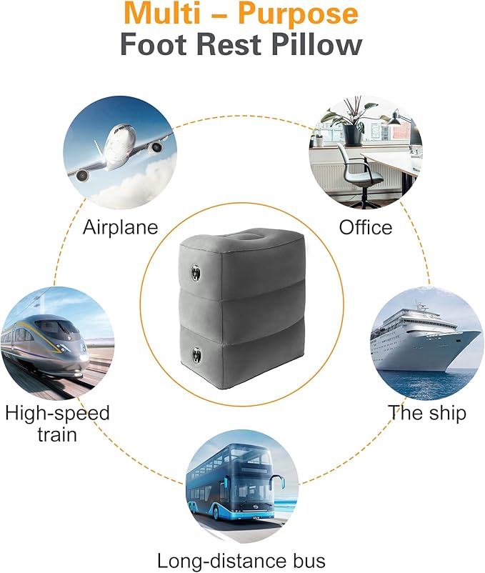 Sunany Inflatable Foot Rest Pillow for Airplane Travel-Adjustable Height Cushions for Kids to Sleep While Traveling, Adults, Suitable for Office, Home and Any Travel(Dark Grey)