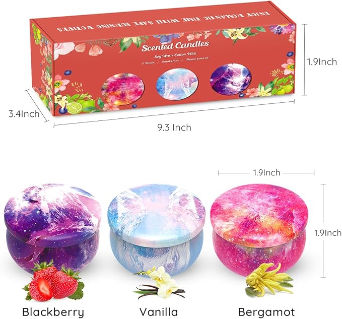 3 Packs Scented Candles Set for Christmas Thanksgiving, Natural Soy Wax Portable Travel Tin Candle, Aromatherapy Gift for Friends Classmates Colleague - Starry Sky