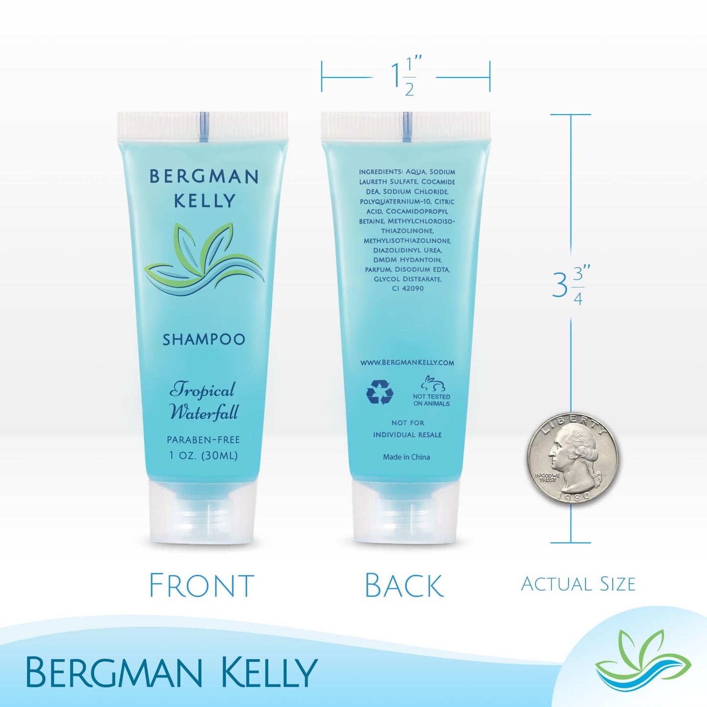 BERGMAN KELLY - Hotel Toiletries Bundle - Tropical Waterfall, 1 oz each, 125 Pieces - 5-Piece Set: 25 each Round Bar Soap, Shampoo, Conditioner, Body Lotion & Body Wash - Bulk Mini Guest Amenities