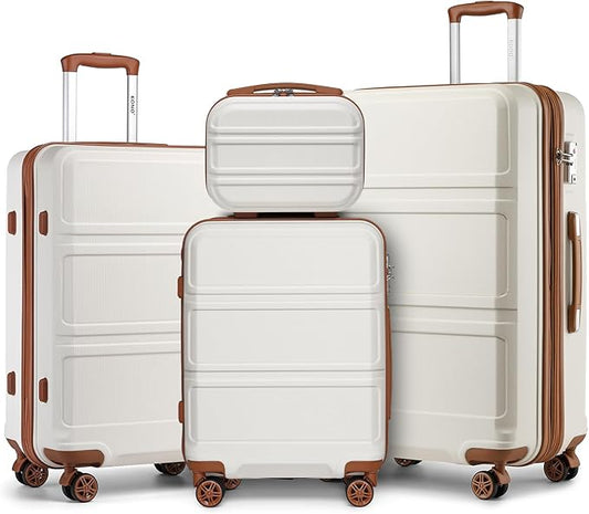 Kono 4 Piece Luggage Sets Expandable(only 28") Lightweight with Spinner Wheels TSA Lock Hardside Travel Rolling Suitcases 20in 24in 28in Carry on and 12in Mini Cosmetic Case Cream White