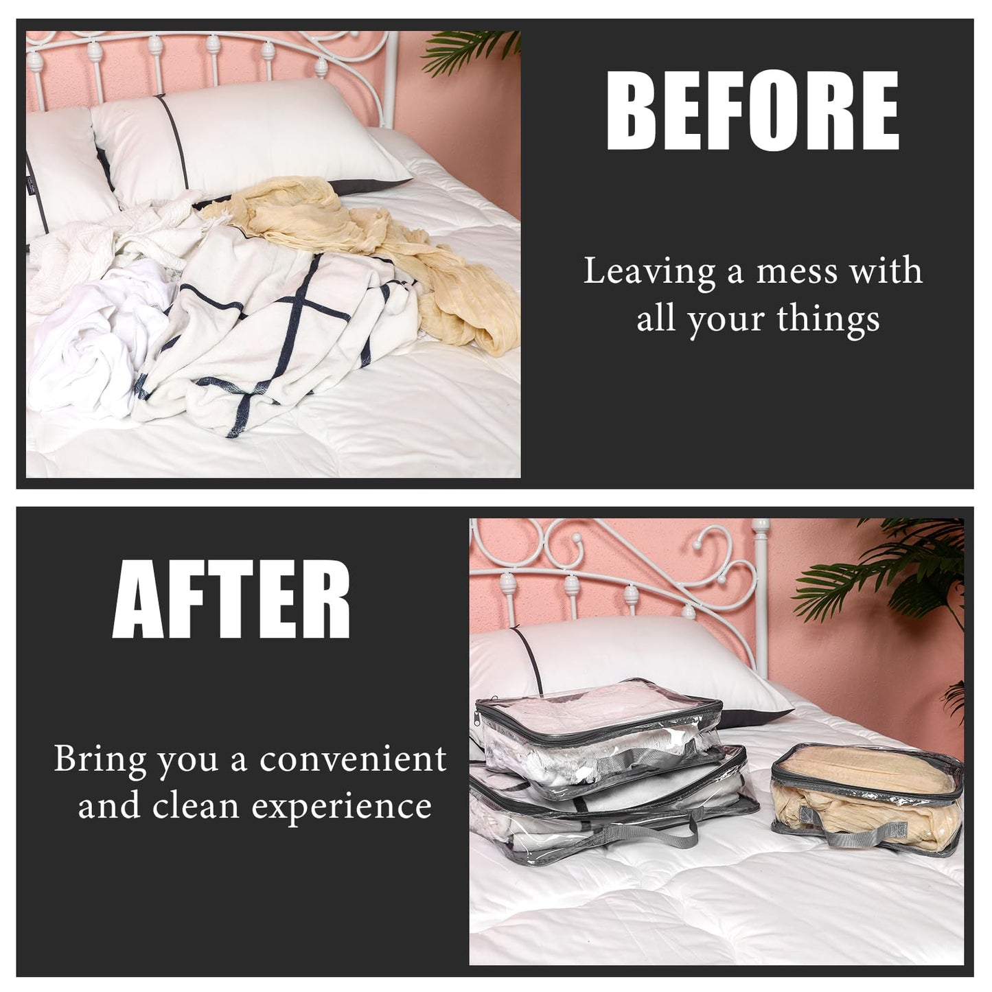 Hillban 6 Pcs Gray Large Clear Travel Packing Cube 3 Sizes See-through PVC Organizer for Suitcase Multipurpose Pouch with Handle Vinyl Zippered Storage Bags Luggage Cube Organizer