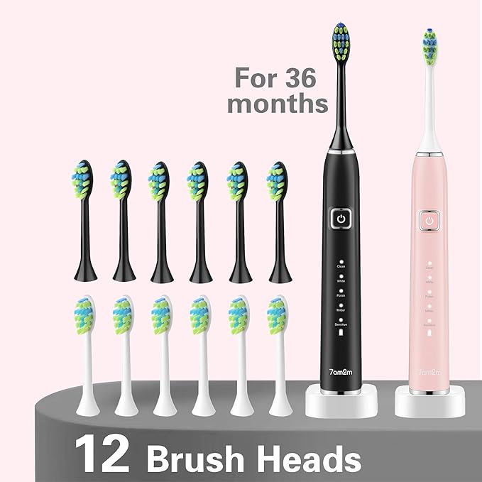 7AM2M Electric Toothbrush 2 Pack Set for Kids and Adults, 12 Brush Heads,5 Adjustable Modes, Built-in 2-Minute Smart Timer,Wireless Fast Charge for 60 Days,IPX7 Waterproof SonicToothbrush(Black+Pink)