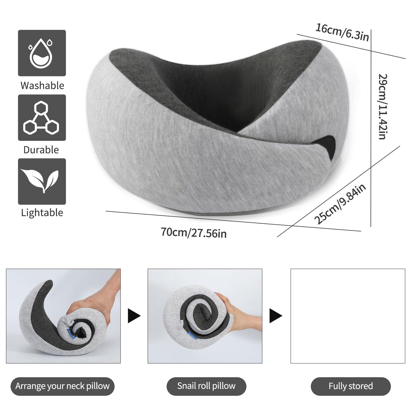 RKADIR Travel Neck Pillow Airplane, Memory Foam Travel Pillows for Comfort on Sleeper Hold Compact and Ergonomic Design for Traveling Car Rides Home Road Trip Essentials for Adults and Kids (Grey)