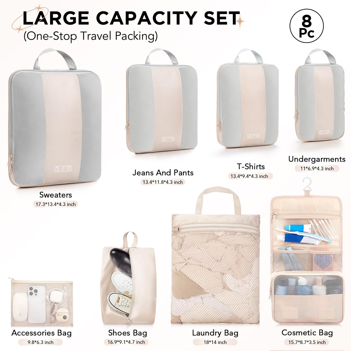 8 Set Compression Packing Cubes for Travel Essentials,Compressible Expandable Packing Cubes for Suitcase,OlarHike Luggage Organizer Bags for Travel,Handy Helper for Organizing Clothes(Beige)