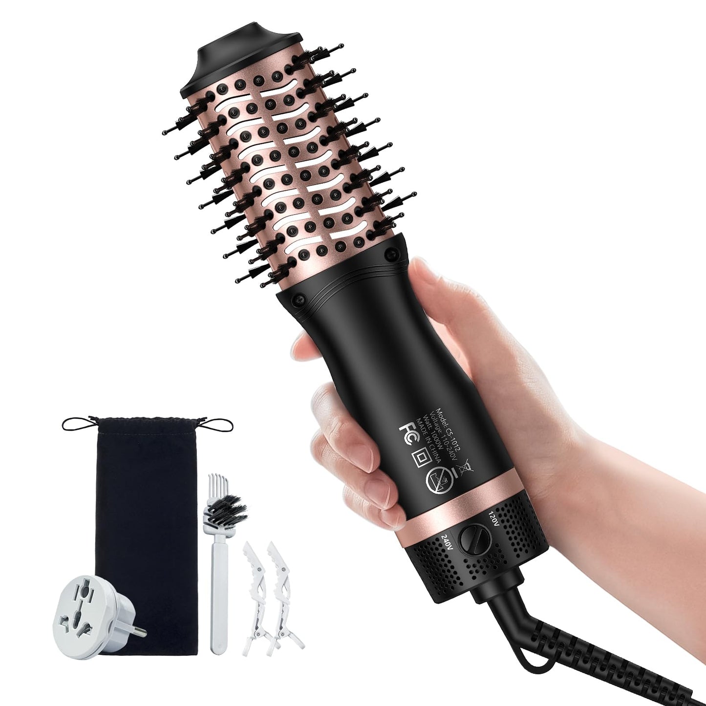 slopehill Mini Dual Voltage Hair Dryer Brush,1000 Watts Travel Hot Air Brush with European Plug, Ionic One Step Hair Dryer and Styler for Women for Home & Salon, Oval Barrel 2 Heat & 2 Speed Settings