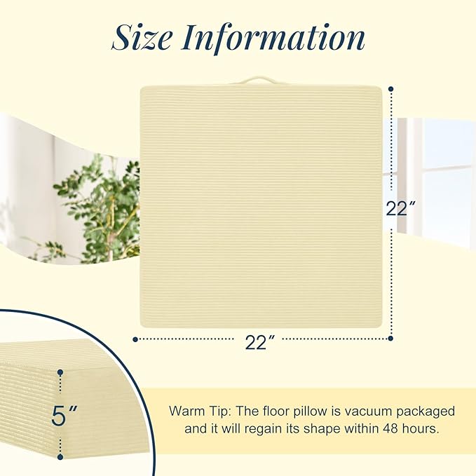 Wellsin Solid Square Floor Pillows for Adults Kids - Large Meditation Floor Pillow Seating Cushion with Thick Foam & Washable Velvet Cover, 1 Pack, 22x22x5 Inch, Beige