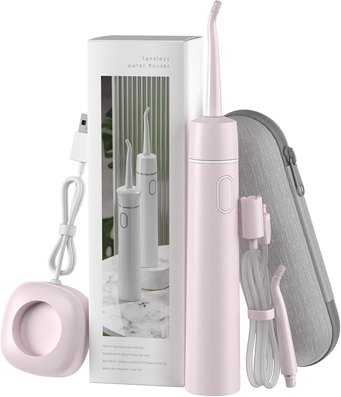 (Pink) Portable Water Flosser for Teeth Professional Cordless Dental Oral Irrigator, Tankless and Rechargeable IPX7 Waterproof Dental Water Flosser for Travel, Braces & Bridges Care (Pink)