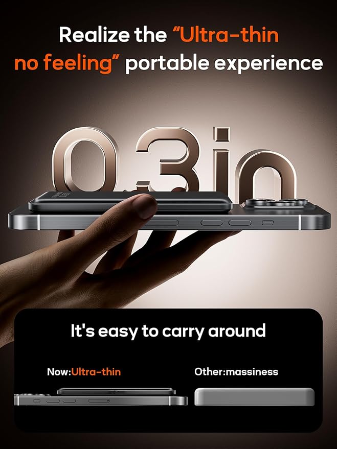 0.3" Ultra Slim Magnetic Power Bank, 5000mAh Wireless Portable Charger with Foldable Stand and USB C Cable, Fast Charging Magnetic Battery Pack Compatible with iPhone 16/15/14/13/12,Travel Essentials