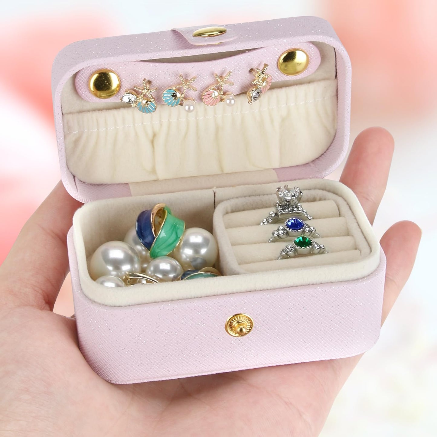 KUKUVR Small Travel Jewelry Box, Mini Jewelry Holder for Multiple Rings Necklace Earrings Lipstick, Portable Jewelry Storage Organizer Case with Removable Ring Slot (PINK)