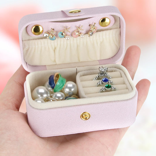KUKUVR Small Travel Jewelry Box, Mini Jewelry Holder for Multiple Rings Necklace Earrings Lipstick, Portable Jewelry Storage Organizer Case with Removable Ring Slot (PINK)