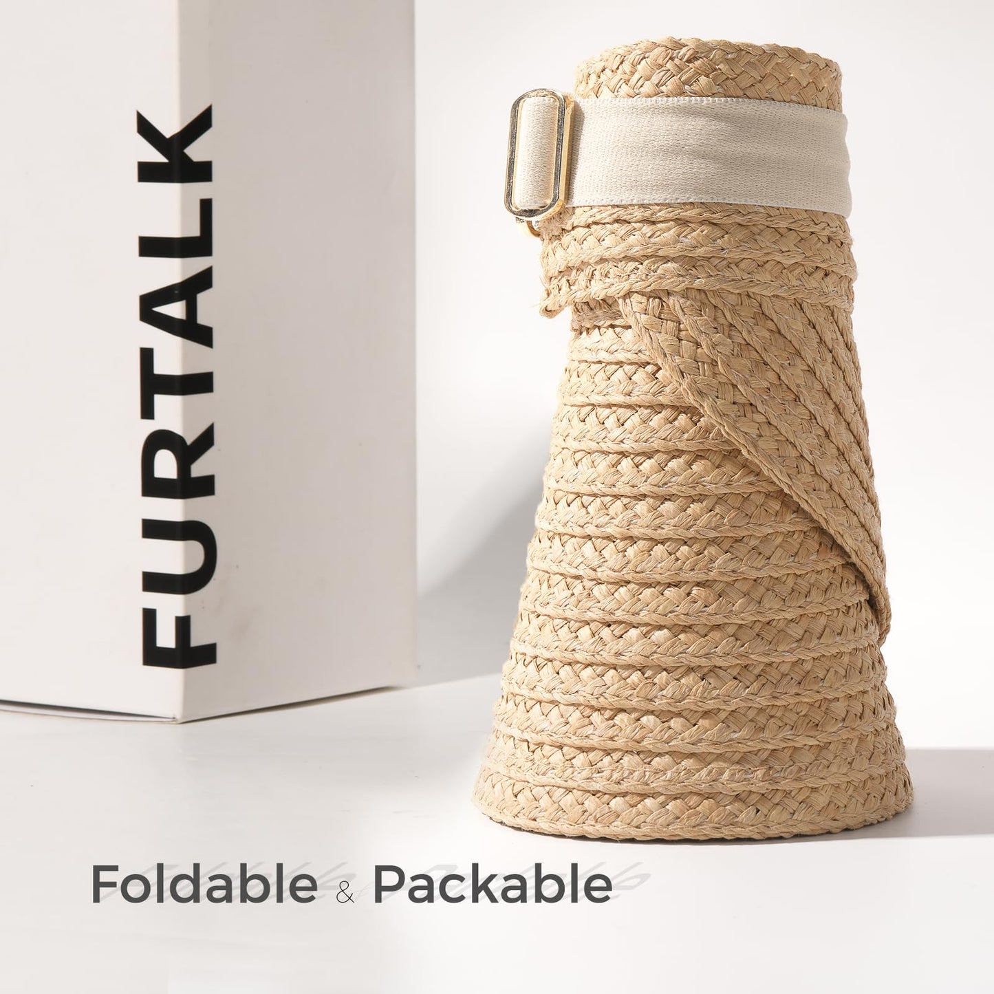 FURTALK Sun Visor Hats for Women Wide Brim Straw Visors Womens Foldable Beach Visors Summer Packable Ponytail Beach Hat Khaki