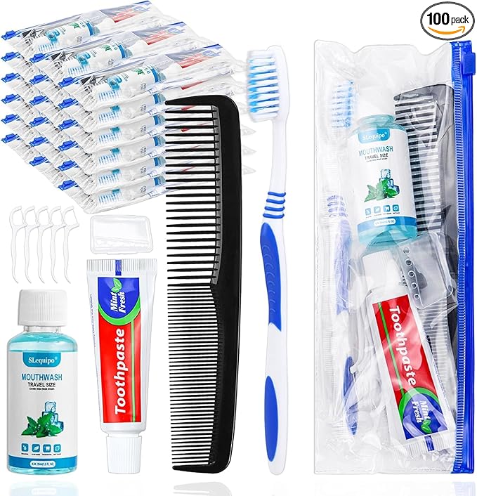 100 Set Travel Toothbrush Kit Bulk,Disposable Toothbrush with Toothpaste Set with Mouthwash,Toothpaste,Cover,Comb,Zip Bag,Floss Picks,Toothbrushes Set for Homeless,Travel