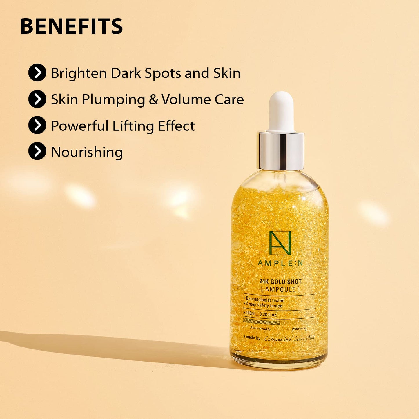 AMPLE:N 24k Gold Shot Serum - Korean 24K Gold Anti Aging Serum – Erasing Wrinkles and Fine Lines with Collagen & Peptides – Evens Skin Tone for Dull and Saggy Skin - 3.38 fl.oz.
