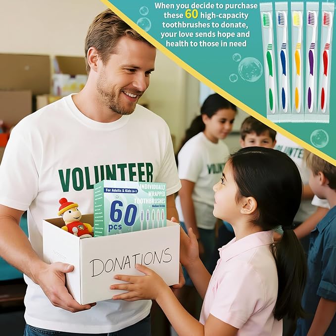 60 Pcs Toothbrush Bulk Disposable, Travel Toothbrushes Pack, Soft Bristle Individually Wrapped and Good Cleaning for Kids, Adult and The Elderly. Suitable for Hotel, Travel, Home, Donated