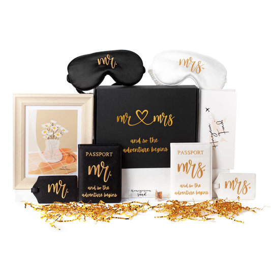 Mr and Mrs Honeymoon Travel Gift Set, Includes Embroidered Passport Covers, Luggage Tags, Eye Masks, Honeymoon Sand Keepsake Jar, Picture Frame, Honeymoon Funds Envelope (Classic)