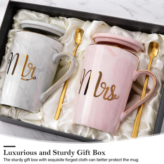 Biching Wedding Gifts for Couples 2025, Couple Gift for Anniversary - 14oz Ceramic Marble Mr and Mrs Mugs Set, Present for Bridal Shower Engagement Bride and Groom, with Greeting Card, Luxury Gift Box