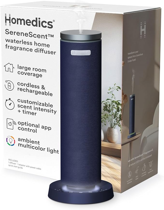 Homedics SereneScent Fabric Rechargeable Waterless Diffuser, Use with Homedics SereneScent Oil 120ml (Sold Separately) Cordless Aromatherapy, Adjustable Mist & Timer, 6 Calming Lights, Future Dusk