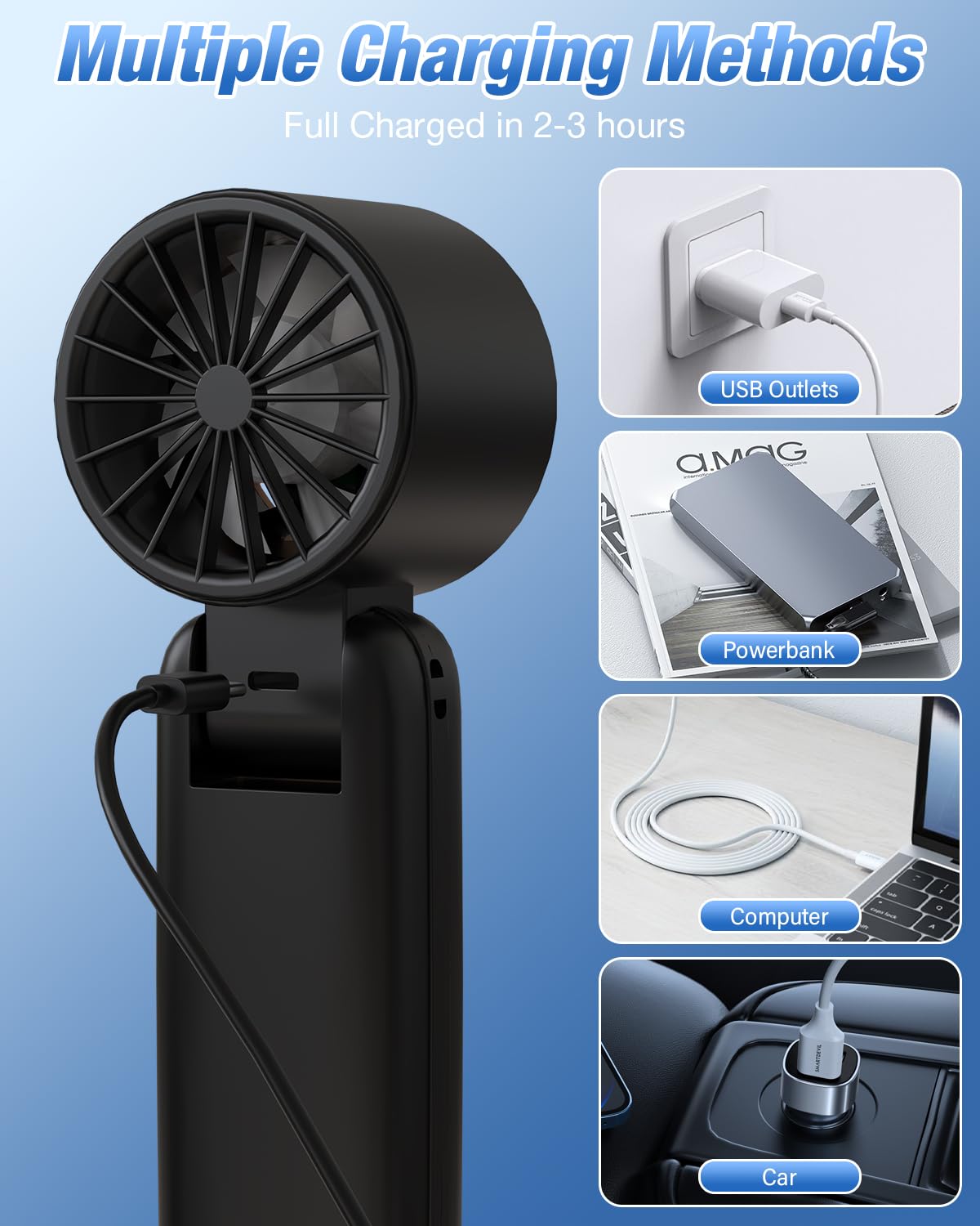 4 in 1 Handheld Portable Turbo Fan, 180° Foldable 6-Speed (1-100) Mini Fan, 5000mAh Rechargeable Battery Operated up to 15 Working Hours, LED Display Personal Cooling for Travel Indoor Outdoor Black