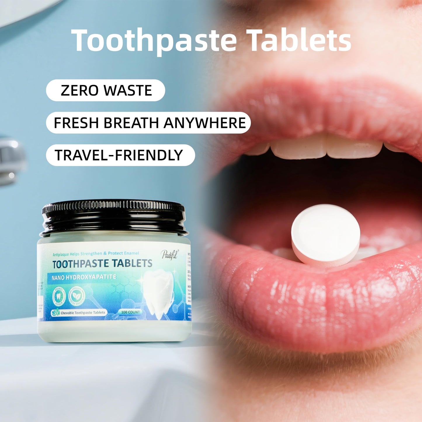 Toothpaste Tablets, Hydroxyapatite Chewable Toothpaste Tabs, Travel Mouthwash Tablets for Deep Cleaning, Fresh Breath, Enamel-Safe, Fluoride & Plastic Free (100 Count)