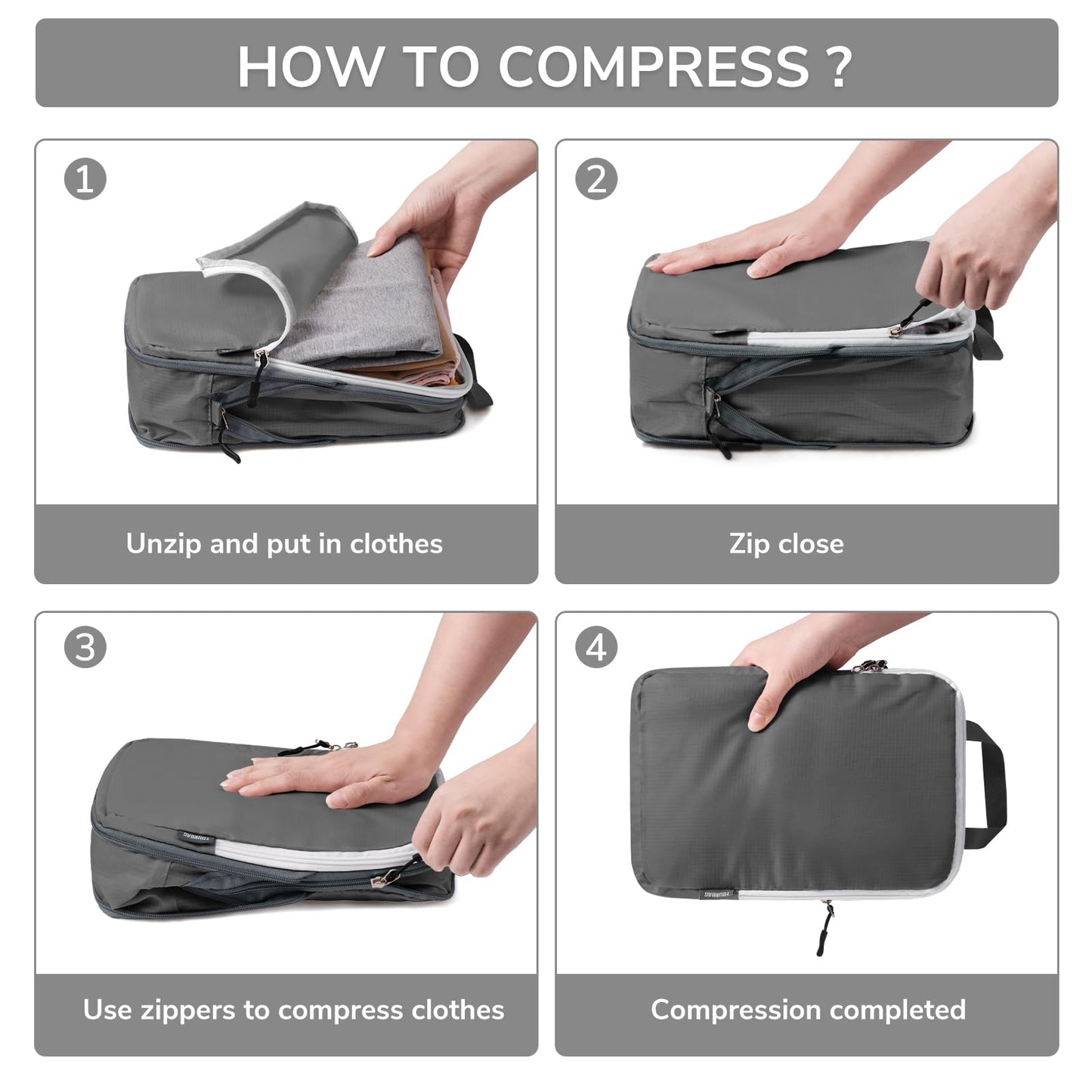 CherryNow Compression Packing Cubes, 7 Set Packing Cubes Compression, Travel Essentials, Travel Organizer for Shoes, Clothing, Grey