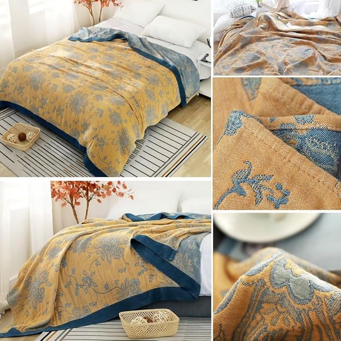 100% Cotton Throw Blanket for Bed Couch,Ultra Soft Boho Quilt Summer Blanket,Floral Printed Farmhouse Decor Bed Sofa Blankets,60"x80" All Season Rustic Throw for Chair