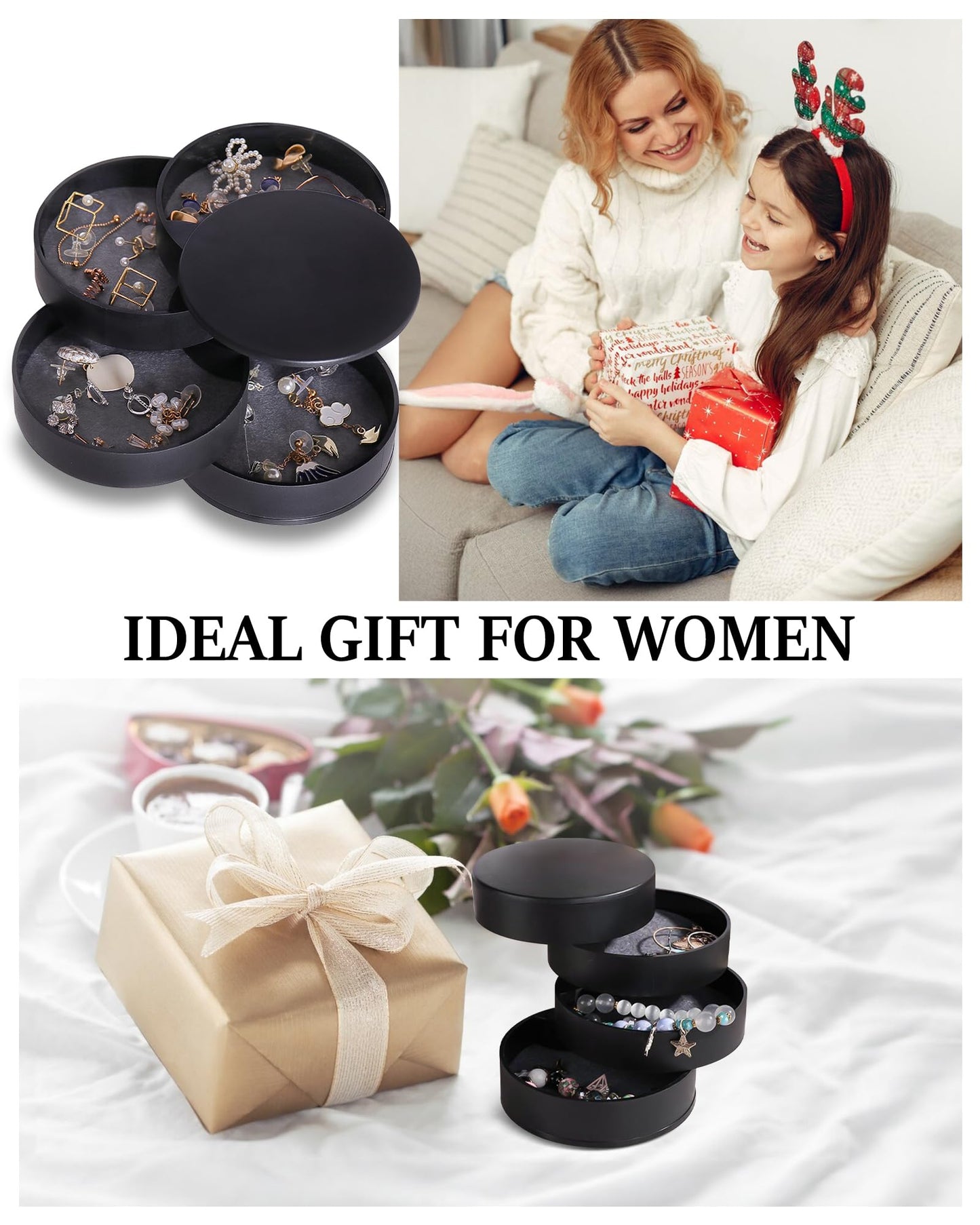 CONBOLA Jewelry Organizer, Small Jewelry Storage Box Earring Holder for Women, 5-Layer Rotating Travel Jewelry Tray Case with Lid for Bracelets Rings Bracelets(Black)