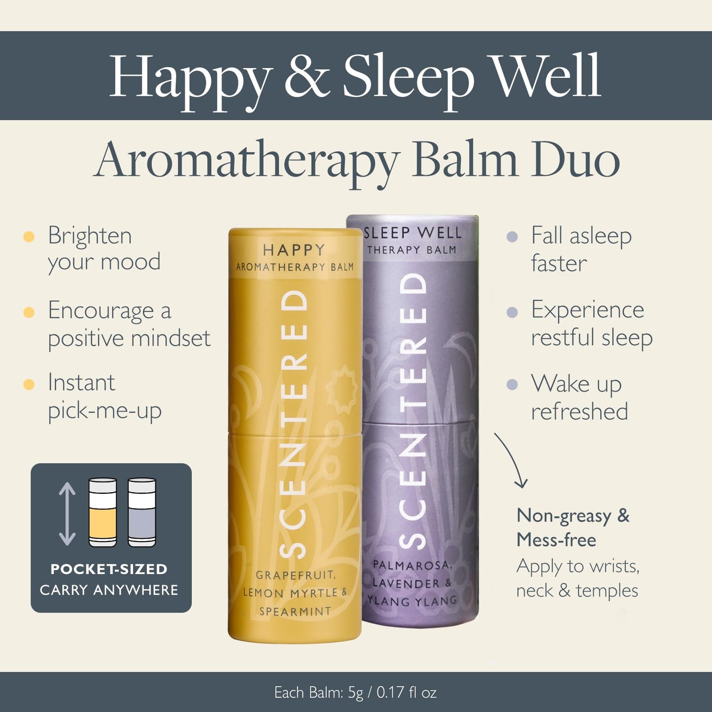 Scentered Aromatherapy Balm Stick Duo for Sleep Support & Mood Boost - Roll On Essential Oil Blends of Lemon Myrtle, Lavender, Ylang Ylang - Aromatherapy Gifts for Women - Sleep Well & Happy