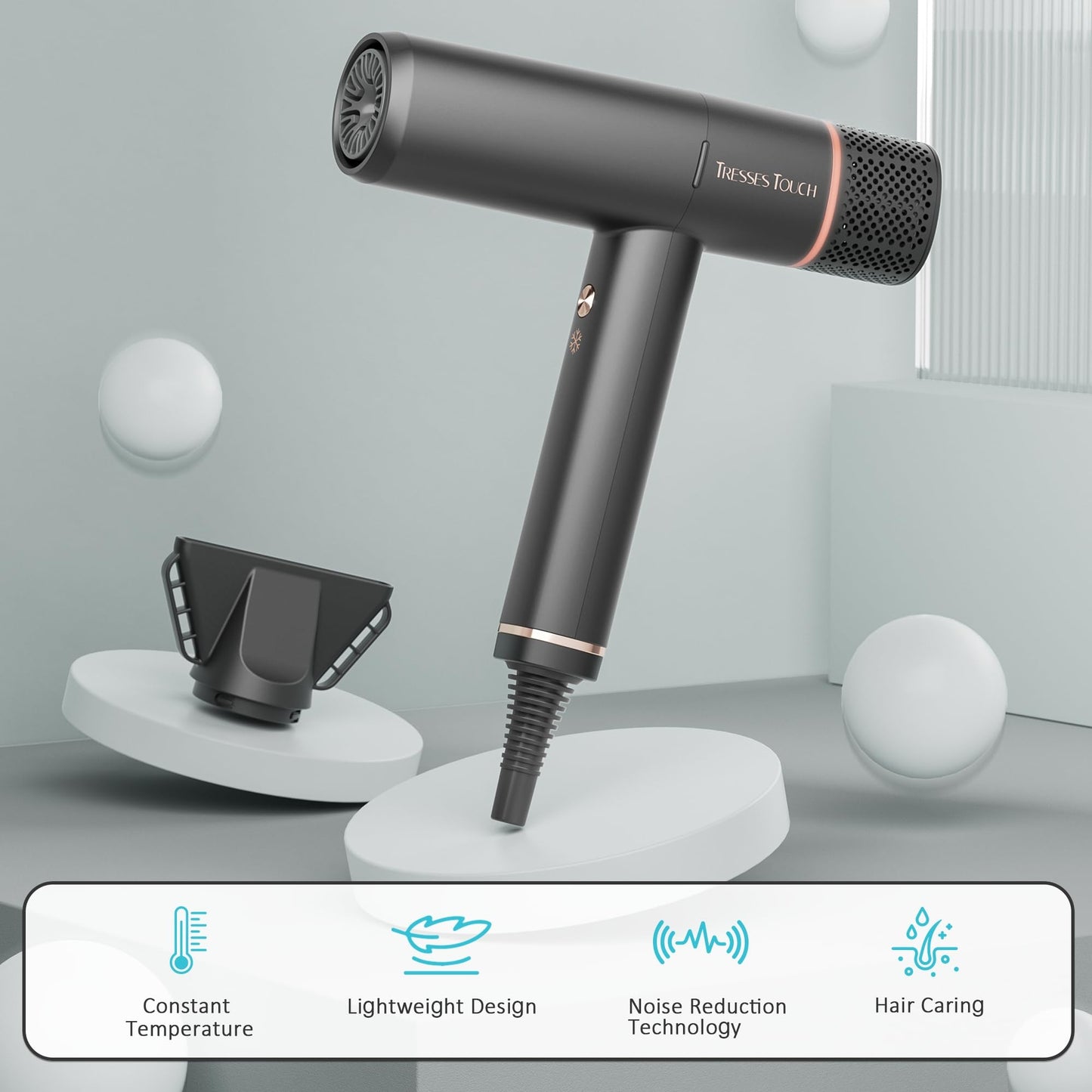 Professional Hair Dryer, High Speed Portable Ionic Hair Blow Dryer with Diffuser for Women & Men, 3 Temps/2 Speeds, 6.56 Ft Cord, Best for Straight & Wavy Hair, for Home Travel, Black