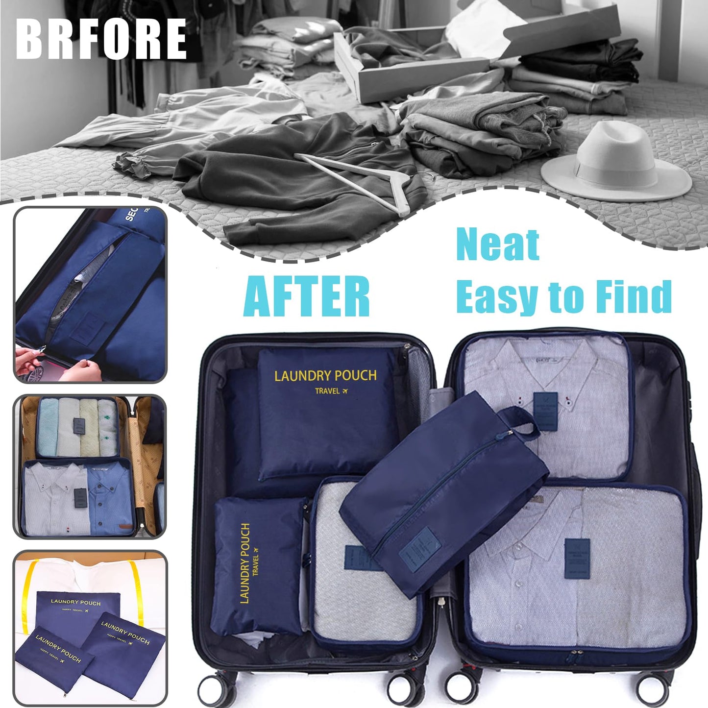 INVODA 7 piece Multi-size Packing Cubes for Travel Suitcase Organizer Bags Lightweight Travel Bags (Navy Blue)