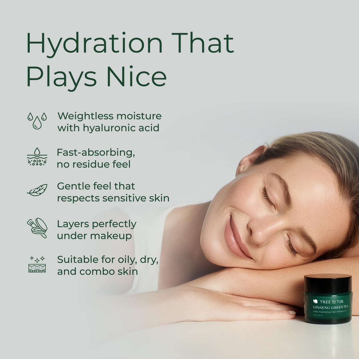 Tree to Tub Hydrating Face Moisturizer for Dry & Sensitive Skin - Water Based Hyaluronic Acid Facial Moisturizer, Moisturizing Face Cream for Women & Men w/Organic Aloe, Green Tea, Natural Ginseng