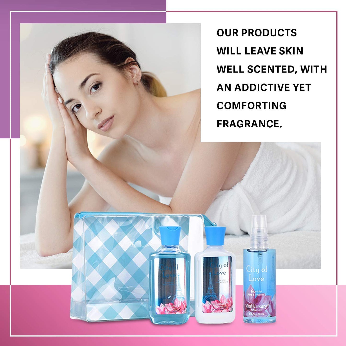 Vital Luxury Bath & Body Care Travel Set - Home Spa Set with Body Lotion, Shower Gel and Fragrance Mist, Personal Body Care Travel Set (City of Love)