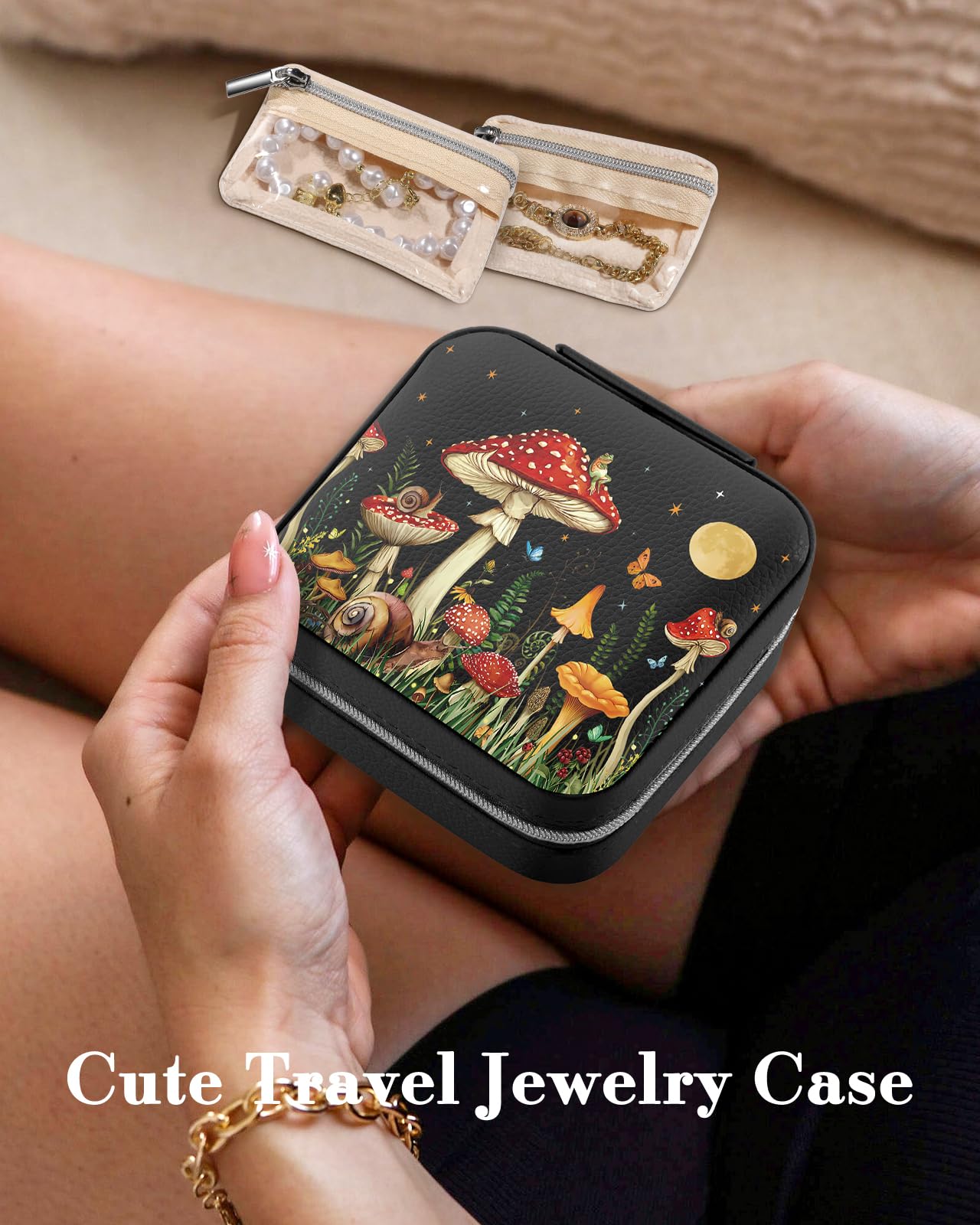 Bistup Travel Jewelry Case - Small Jewelry Organizers and Storage Box for Women Girls Teens Cute Traveling Jewelry Holder with Mirror Little Tiny Compact Modern Unique Aesthetic Pretty, Mushroom