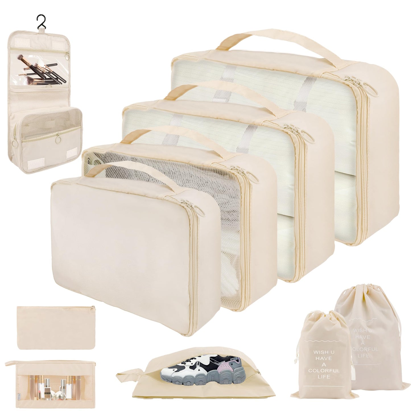 10 Set Packing Cubes for Travel, Lightweight Suitcase Luggage Organizer Bags, Travel Essentials Packing Organizers for Luggage, Packing Cubes for Carry On Suitcase in 4 Sizes with Shoe Bag, White