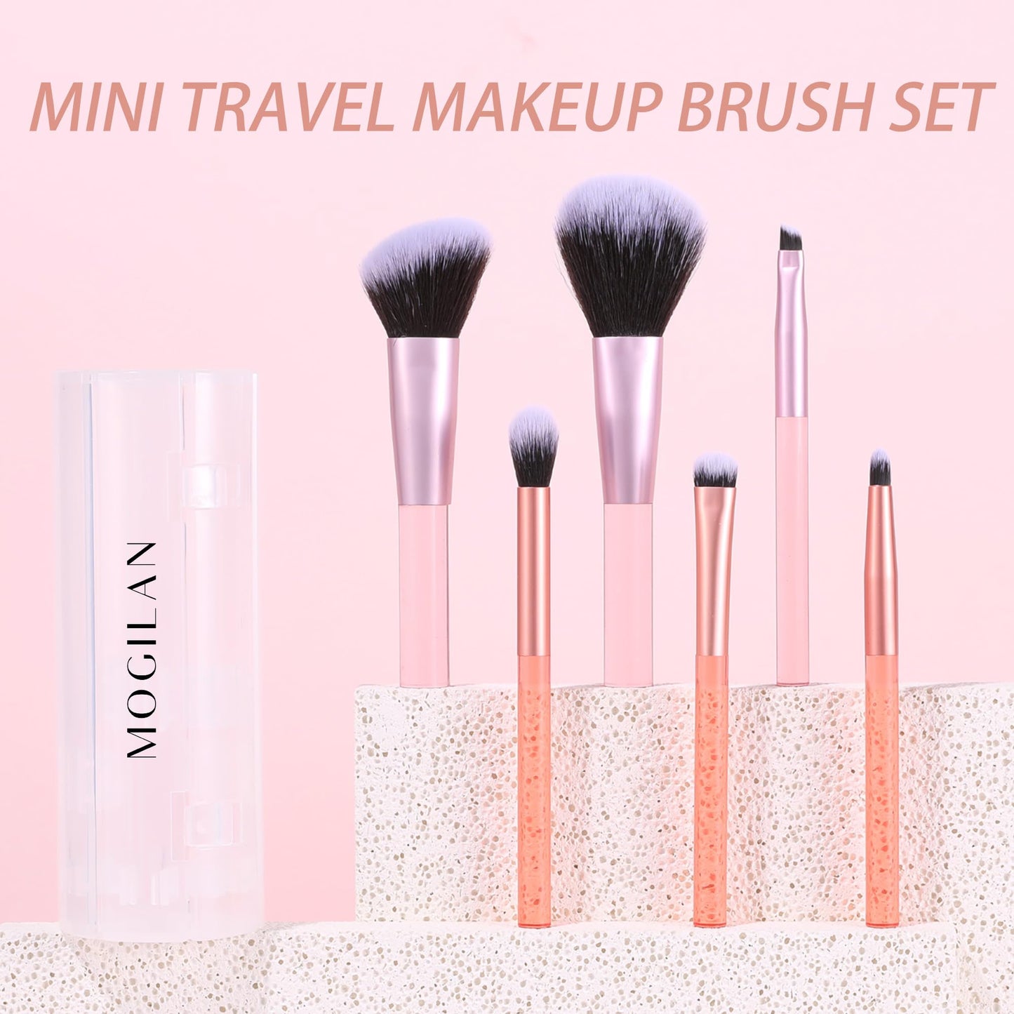 MOGILAN Travel Makeup Brush Set Mini Makeup Brushes For Foundation Concealer Eyeshadow Blush Blending & Buffing Liquid Cream Powder 6PCS Travel Size Complete Function Cosmetic Brushes Kit with Case