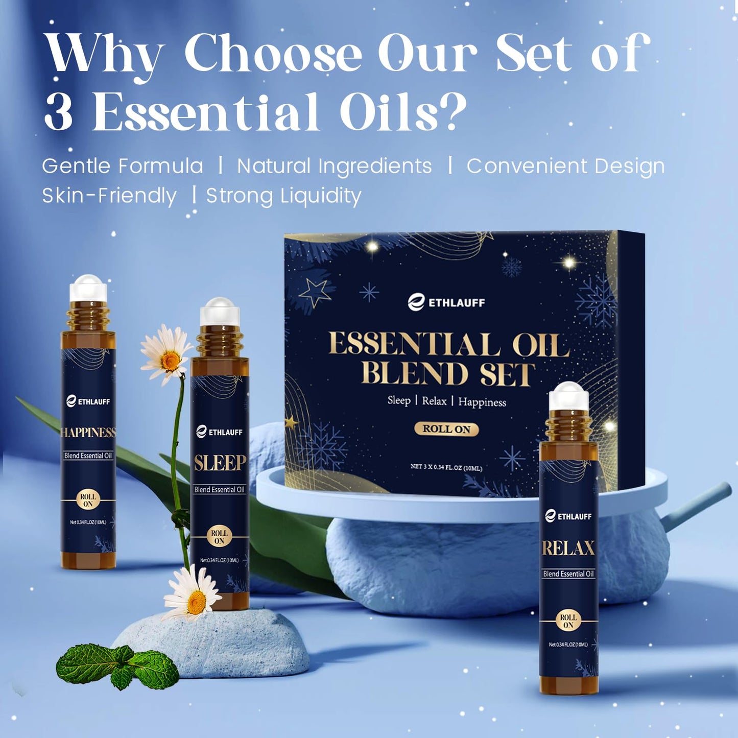 Ethlauff Essential Oil Roller Set, (Sleep, Relax, Happiness) Aromatherapy Roll On for Body Skin Care, Home - Natural Aromatherapy Gift, Relaxtion Gift, Stress Relief Gift for Women and Men