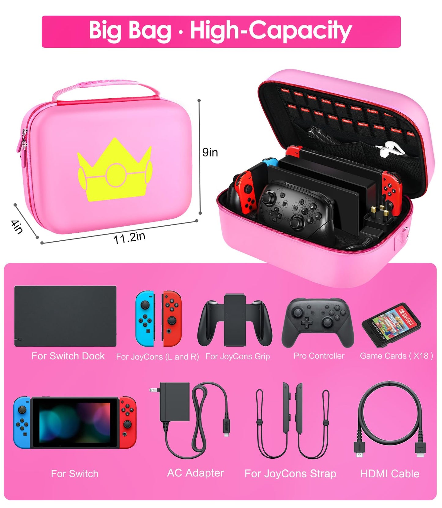 ivoler Carrying Storage Case for Nintendo Switch/Switch OLED Model,Portable Travel All Protective Hard Messenger Bag Soft Lining 18 Games for Switch Console Pro Controller & Accessories (Pink)